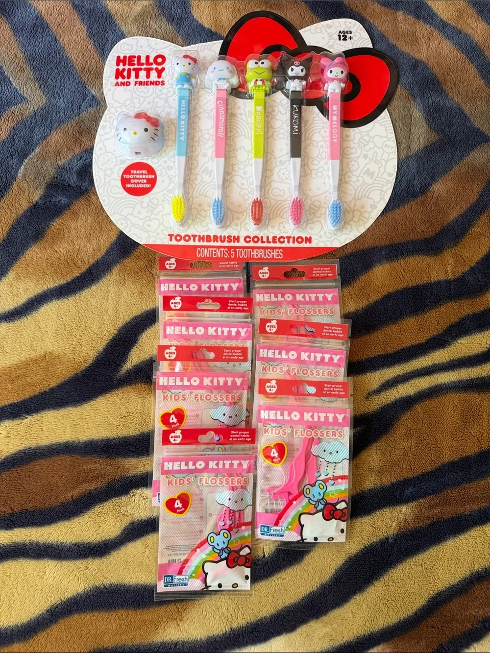 Hello Kitty Kids Toothbrush & Flossers Set - Pink, Blue, Green, Yellow, Red